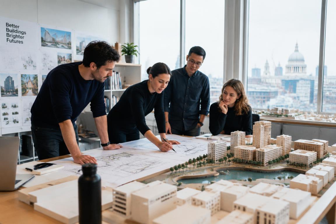 Architects reviewing drawings and a scale model